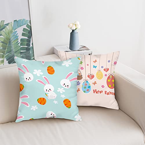 Jbralid Easter Throw Pillow Covers Cartoon Easter Bunny Eggs Decorative Pillowcase Cotton Pillow Cushion Case For Living Room Sofa Couch 18X18 Inch Set Of 4, White Blue Pink #TOP3