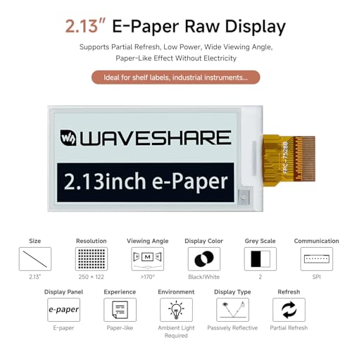 Image of waveshare 2.13inch E-Ink Raw Display Compatible with Raspberry Pi 4B /3B+ /3B /2B /B+ /A+ /Zero /Zero W /WH /Zero 2W Series Boards 250x122 Resolution SPI Interface Without PCB Supports Partial Refresh