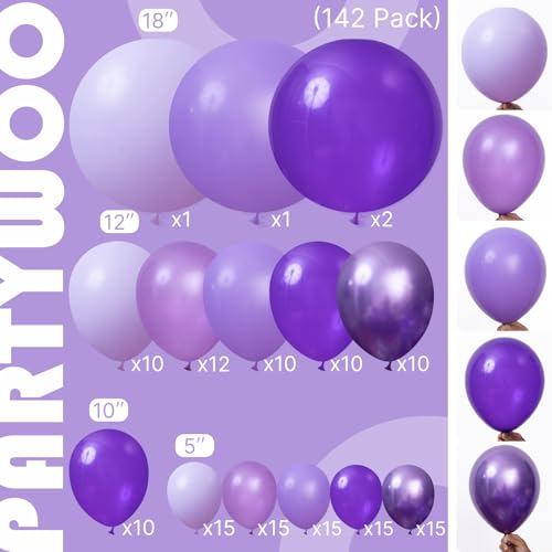 Image of PartyWoo Purple Balloon Arch Kit Garland 142pcs Different Sizes of 18 12 10 5 Inch Dark Royal Light Pastel Metallic Purple Lilac Balloons for Baby Shower Princess Birthday Butterfly Party Decorations