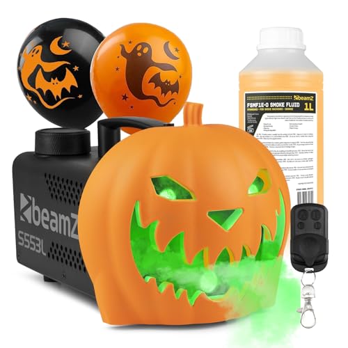 BeamZ S553L Halloween Smoke Machine with 1L Orange Fluid & Balloon - 550W Fogging Pumpkin with RGB LEDs, Remote Control - Pumpkin Fog Machine, Ideal Halloween Decorations & Spooky Effects