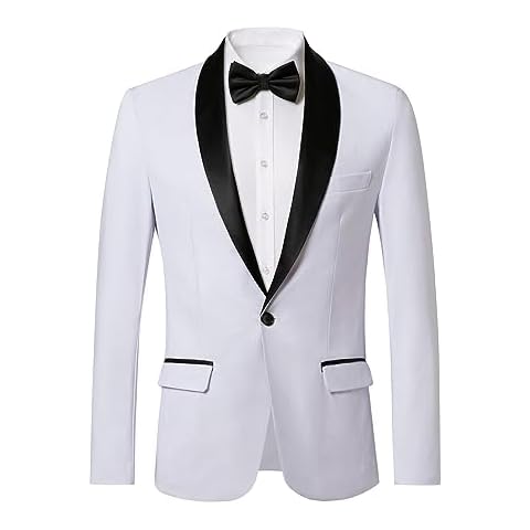 WZIKAI Mens Tuxedo Jacket Slim Fit One Button Solid Blazer Dress Suit for Wedding Prom Dinner Party B-White M Cover