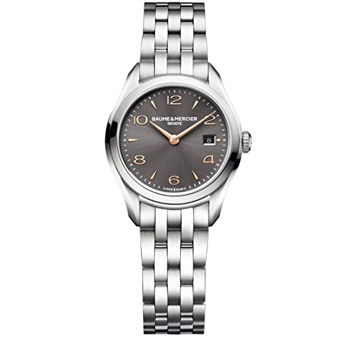 Baume & Mercier Clifton Womens Stainless Steel Watch - Classic 30mm Analog Gray Face Ladies Watch with Arabic Numbers Date and Sapphire Crystal - Swiss Made Quartz Luxury Dress Watches For Women 10209
