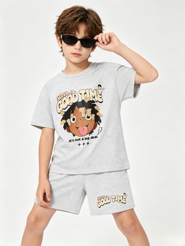 Image of Size 6-12 Years Boys Summer Outfits Set Kids Short Sleeve Top T-Shirt & Shorts Color Block Clothing Sets