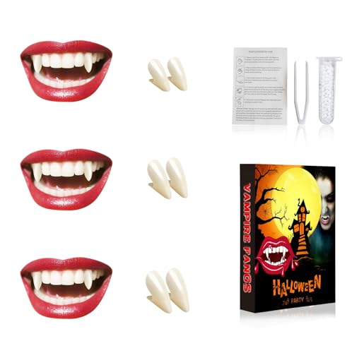3 Pairs Vampir Zähne Kit 3 Größen Vampirzähne Halloween Cosplay Vampir Fangs Gefälschte mit 1 Rohr Zähne Pellets Klebstoff für Party Cosplay