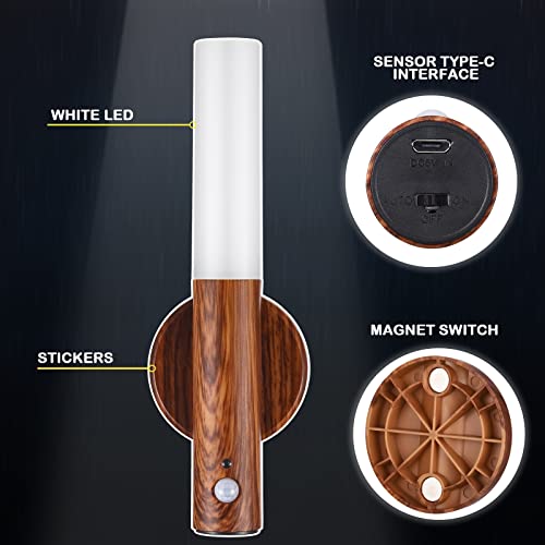 2 Pcs Motion Sensor Night Light Magnetic Wall Light 2 Pcs Usb Led Lights Rechargeable Stick Wireless Stair Indoor Wooden Wall Sconces With Large Battery For Hallway Stairway (Dark Brown) #TOP2