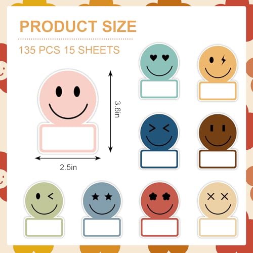 Image of Whaline 135 Pcs Boho Smile Face Name Tag Stickers Dark Color 9 Designs Nameplate Decals Classroom Bulletin Board Labels for Back to School Desk Wall Message Board Decor