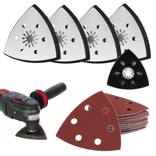 4 Plaques de Ponçage Triangulaires 93 mm + 24 Feuilles Abrasives, Accessoires Ponceuse Triangulaire avec Base Métallique et Haute Adhérence pour Ponçage Bois, Métal, Plastique, Pierre et Coins