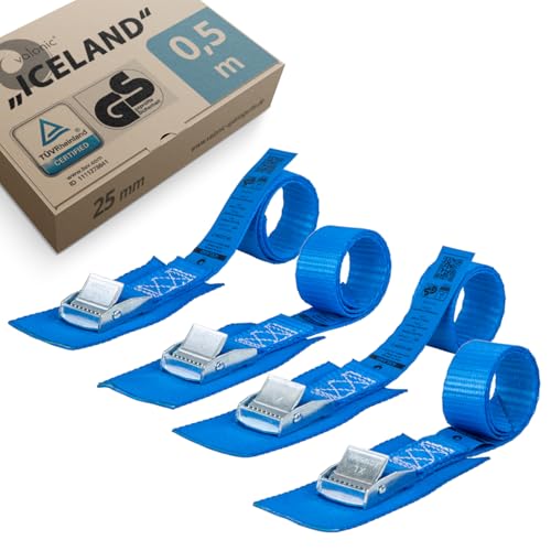 valonic ICELAND - 4x 0,5m Cinghie di fissaggio con fibbia corta, 25mm, 250 Kg, ÜV Rheinl. / GS, EN-12195-2 - blu, Cinghia per bicicletta, 50cm