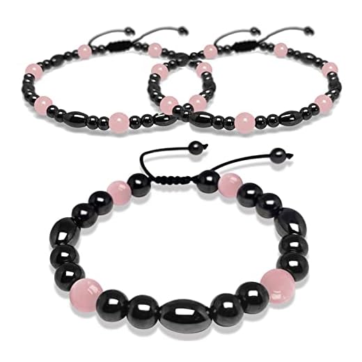 Hion 2 Pack Magnetic Therapy Anklet Bracelet Plus 1 Pack Magnetic Bracelet for Women/Men Pain Relief,Anxiety, Love Attraction, Magnetic Therapy Hematite Rose Quartz Gemstone Anklet Bracelet Set