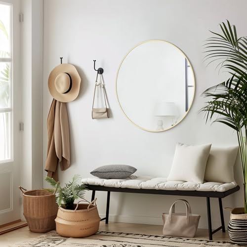 Image of WallBeyond 28 inch Round Mirror Gold Large Circle Wall Mirror for Bathroom with Metal Framed, Round Wall Mirror for Wall Decor, Vanity, Entryway Living Room