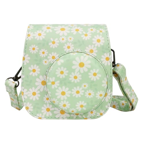 Étui Instax Mini 12 en cuir vert à pâquerettes avec bandoulière et poche arrière pour photo