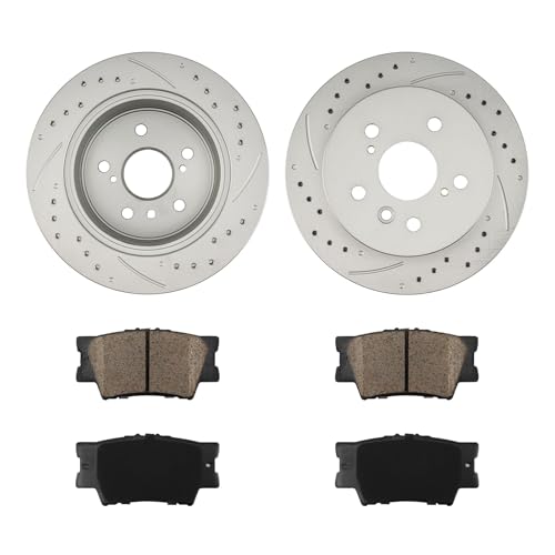 Image of KAX Rear Brake Kit, Drilled and Slotted Brake Rotors, Ceramic Brake Pads | Fits Toyota Camry 2007-2011, Lexus ES350 2007-2012, Toyota Avalon 2008-2012, Automotive Replacement Brake Kit