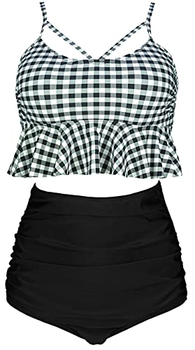 COCOSHIP Women's Retro Boho Flounce Falbala High Waist Bikini Set Chic Swimsuit(FBA)