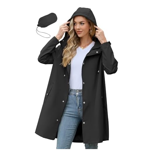 Zando Womens Rain Jacket with Hood - Travel Rain Coats for Women Packable Rain Jacket Women Waterproof Long Raincoat Lightweight Windbreaker Trench Coat for Outdoor Commute Hiking Gifts Black XL