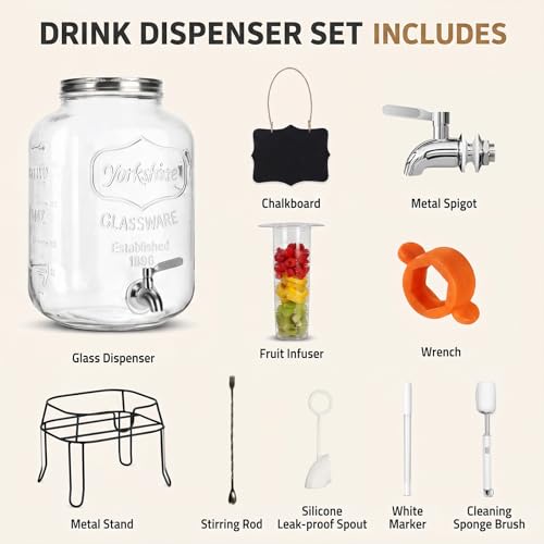 Image of 2 Gallon Glass Drink Dispensers For Parties,Beverage Dispenser with Stand,304 Stainless Steel Spigot Leakproof,Silicone Spigot Cover,Lemonade Dispenser for Sun Tea, Homemade Juice
