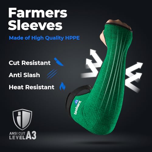 Image of OriStout Cut Resistant Farmer Sleeves with Tumb Hole, Dark Green, 1 Pair | Arm Protectors for Thin Skin and Bruising, Arm Guards for Biting, Pet Grooming, Gardening, Welding, Kitchen, One Size