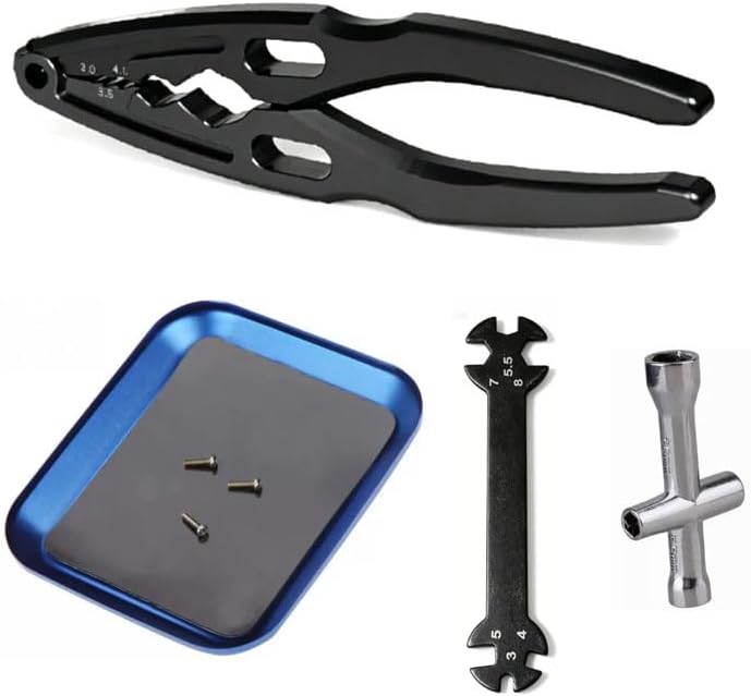 RC Car Repair Tools: Shock Pliers, Repair Pliers, Tie Rod Ball Joint Removal Tool, Repair Screwdriver Set, Small Phillips Socket, Tie Rod Adjustment Wrench, (Gray) (4-Piece Set)
