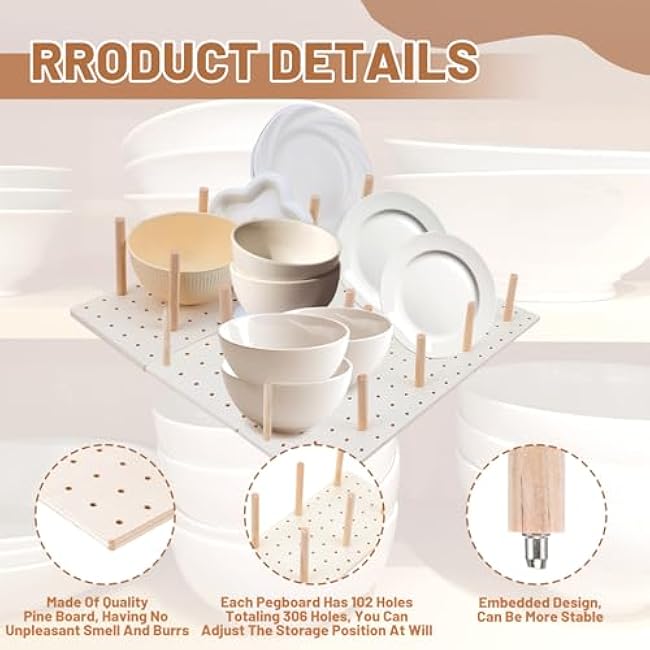 3 Pcs Wood Pegboard Drawer Organizer with 24 Pegs Wooden Peg Board Drawer Shelf Organizer Adjustable Peg System for Dishes Plate Pot Container Cookware Utensil Kitchen(17.72 x 5.91 in)