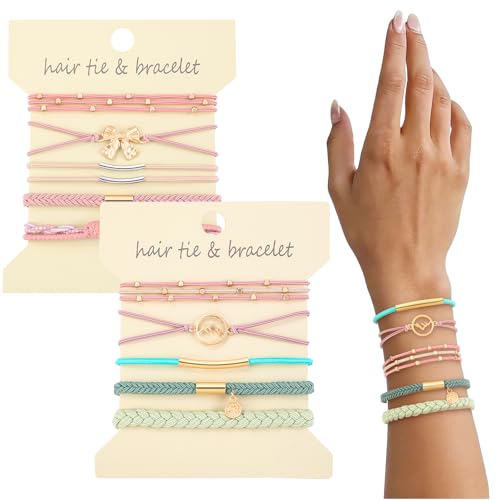 DIYDEC 10PCS Hair Ties Bracelet for Women 5 Styles Soft Braided Boho Hair Bands Elastic No Damage Hair Ties for Girls thick Thin Long Curly Hair Accessories(Pink and Blue)