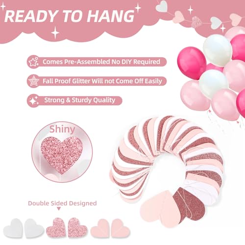 Image of Rose-Gold Pink White Party-Decoration Heart Garland - 39Ft 21st Women Birthday Hanging Backdrop Streamers,Graduation Baby Bridal Shower Engagement Wedding Bachelorette Banner Supplies Decor