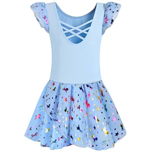 DANSHOW Ballet Leotards for Girls Dance Skirted Leotard Kids Ballet Tutu Dress Toddler Shiny Ruffle Sleeve Dancewear 8-9 Years S-lght Blue Rainbow-unicorn