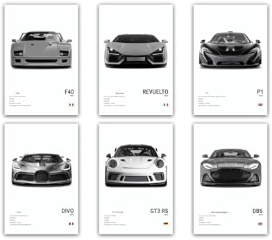 6Pcs Black & White Sports Car Posters Supercar Canvas Prints 8x12 Unframed