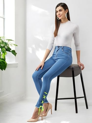 Image of Miss Chase Women's Skinny High Rise Cropped Fringed Hemline Detailing Stretchable Denim Jeans