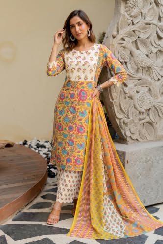 Image of MIRCHI FASHION Women's Straight Fit Pure Cotton Embellished Floral Printed Kurta Set with Dupatta and Trouser