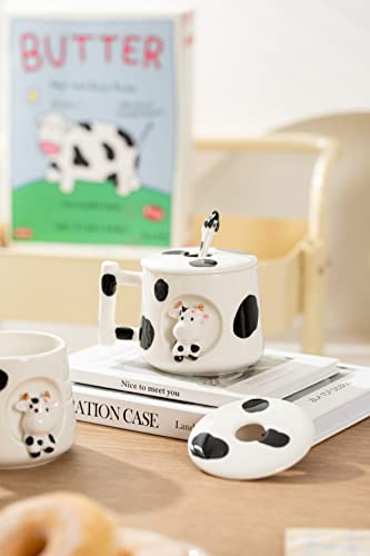 Image of DIHOclub Adorable 3D Ceramic Cow Mug with Lid and Spoon - Perfect for Coffee, Tea, Milk, and More - Ideal Gift for Animal Lovers Gift for Mather- 14 Ounces(BLack white)