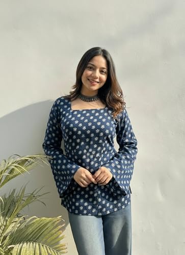 Image of ANNI Designer Women's Viscose Blend Printed Short Kurti | Straight Fit Casual Ethnic Top | Square Neck 3 /4 Sleeve Kurta Office College