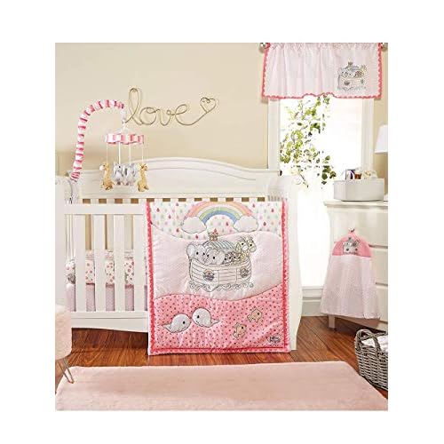 EVERYDAY KIDS Precious Moments Noah’s Ark 4 Pc Crib Bedding for Girls Nursery Set Includes Baby Bed Quilt, Fitted Sheet, Dust Ruffle and Diaper Stacker with Sweet Images of Elephants and Giraffes