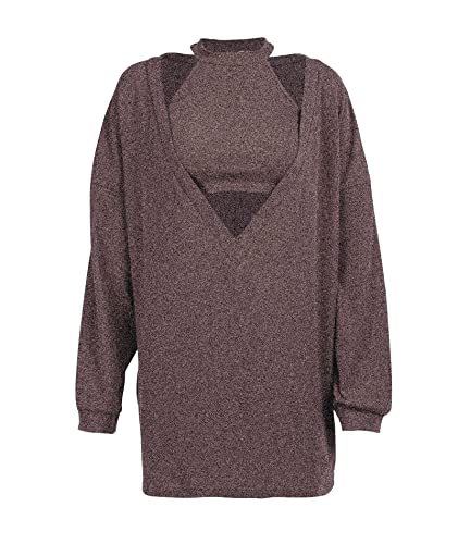 Image of ECDAHICC Women's Two Piece Outfits Knitted Halter Neck Crop Tank Tops and Oversized Off Shoulder Deep V Neck Pullover Sweater