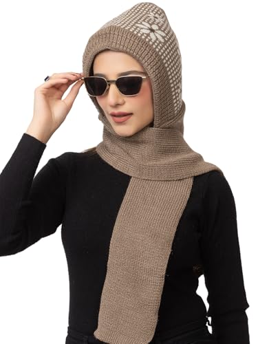 Image of AMOLDO Women's Winter Woolen Soft Warm Knitted Designer Muffler Beanie Cap with Fur | Fleece Printed Woolen Hat with Attached Scarf for Cold Weather