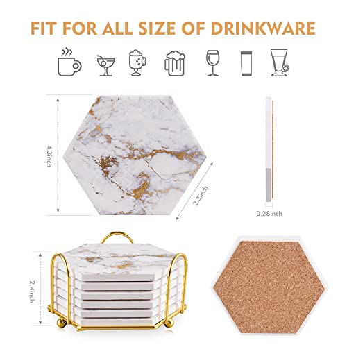 Marble Coasters for Drinks Absorbent with Cork Base,Drink Coasters Set of 6 for Table,Ceramic Coaster with Holder,Home Decor Coffee Cup Beverage Wine Beer Bar Coaster (Gold03) - Image 4