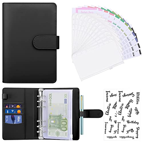 A6 Budget Planer Binder Geld Organizer, Cash Binder , Passenden Aufklebern und Etikett, Unterschriftenstift, 12pcs Reißverschlusstaschen 12pcs Ausgabenbudgetblätter(Schwarz) Cover