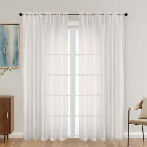 Image of OVZME Ivory Sheer Curtains 72 Inches Long 2 Panels Set, Light Filtering Sheer Curtains for Living Room Bedroom 59 Inch Extra Wide, Modern Voile Filmy Rod Pocket Window Drapes, 59Wx72L Inches