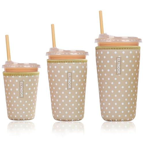 Image of Reusable Insulated Sleeve for Iced Coffee Cup, 3-Pack Coffee Neoprene Drink Sleeve for Cold & Hot Drinks, Beverage Holder for Iced Coffee (Beige Polka Dots)