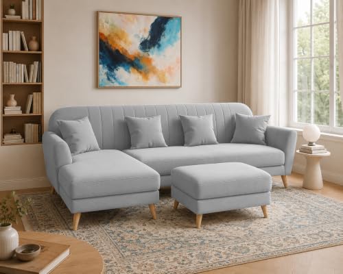 Image of Atticus LHS 6 Seater L Shape Sofa Set with Ottoman Living Room (Grey Colour Fabric) Premium Fabric Sofa Set for Living Room
