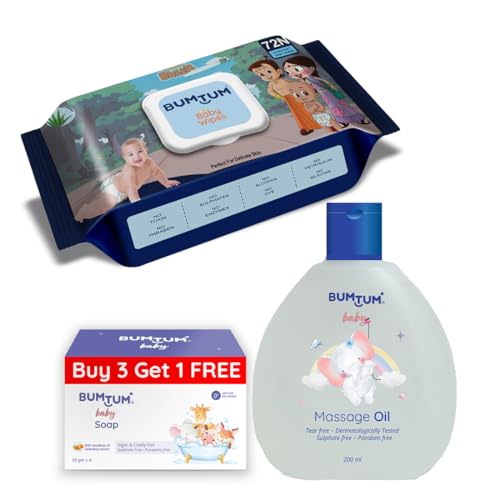 Image of Bumtum Chota Bheem Gentle Soft Moisturizing Wet Wipes With Lid - 72 Pcs.(Pack of 1) & Baby Soap (4N x 50 Gram) & Baby Massage Oil (200 ML) Combo