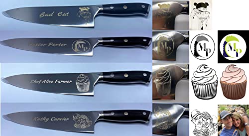 Image of Personalized Photo Chef Knife, 8.5 Inch Engraved German Stainless Kitchen Blade, Custom Image Logo or Monogram, Full Tang, Gift Boxed Corporate Wedding Gift