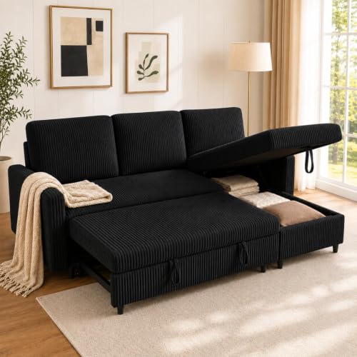 Walsunny 77" Sectional Sleeper Sofa with Pull Out Bed, Modern L-Shaped Corduroy Convertible Couch with Storage Chaise, Reversible 3-Seat Sofa Bed for Small Spaces, Apartment, Office, Black