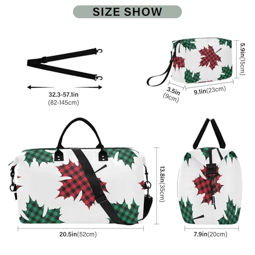 OTVEE Buffalo Plaid Maple Leaves Travel Gym Duffel Bag Quilted Weekender Bags Carry on Overnight Tote Bag for Women Men3