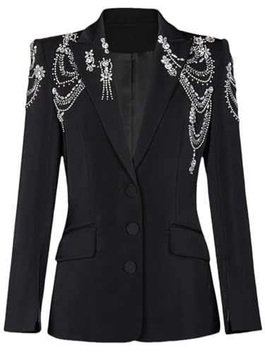 Women's Embroidered Diamonds Beaded Blazer Elegant Lapel Long Sleeve Waist Jacket Coat