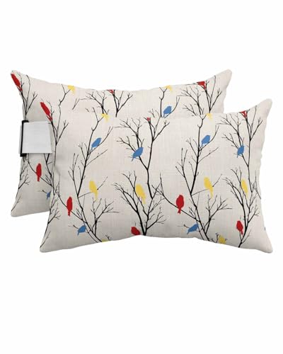 Anzona Pack of 4 Colorful Birds Lumbar Pillow Covers, Outdoor Waterproof Throw Pillow Covers Set, Rustic Summer Branch Botanical Classic Black Decorative Cushion Case for Patio Beach, 12x20 Inch