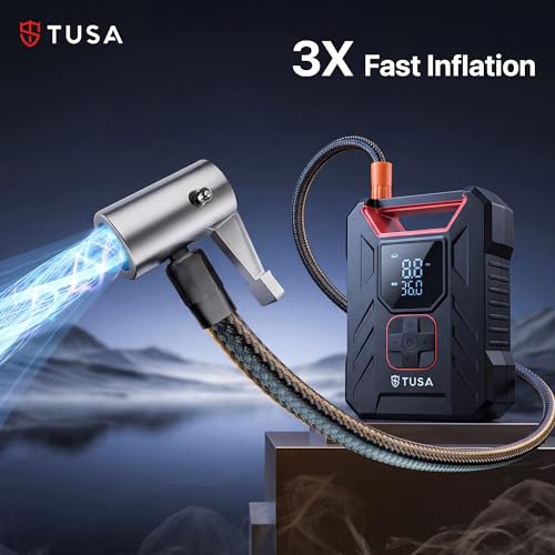 Image of TUSA Storm Pro 10X Fastest Tyre Inflator, Inflates Tyre in 2.5 Minutes (0-33 PSI), 2 in 1 Corded & Cordless Portable Air Compressor with 150 PSI Digital Display for Cars, Bikes (1 Year Warranty)