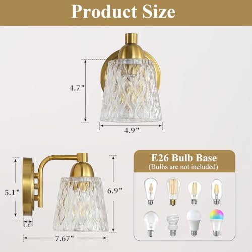 Image of Mecgirn Stainless Steel Bathroom Vanity Light Over Mirror, 1 Light Brushed Gold Bathroom Light Fixtures with Textured Glass Shades, Modern Vanity Lighting Wall Mount