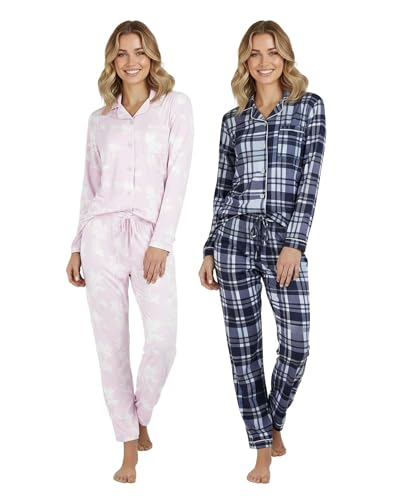 Image of Real Essentials 2 Pack: Women's Soft Pajama Set | Button Down Top and Lounge Sleep PJ Pants | Matching Sleepwear (Plus Size)