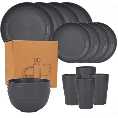 割れない ZAZY ディナープレート 16 枚 ストロー食器セット 8 人暮らし ブラック 電子レンジ対応 食洗機対応 再利用可能カトラリー (G)