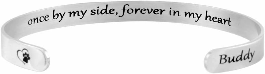 Once by My Side, Forever in My Heart - Secret Message Stainless Steel Cuff Bracelet, Customized Engraved Pet Memorial Name, Love Dog Paw Print, Personalized Pets Owner Gift, Pet Lover Gift