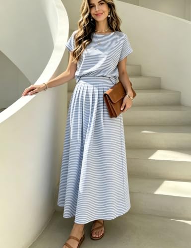 Image of Zontroldy Women's Summer 2 Piece Outfits Striped Skirt Sets Cap Sleeve Crop Top Midi Dress Matching Travel Outfits